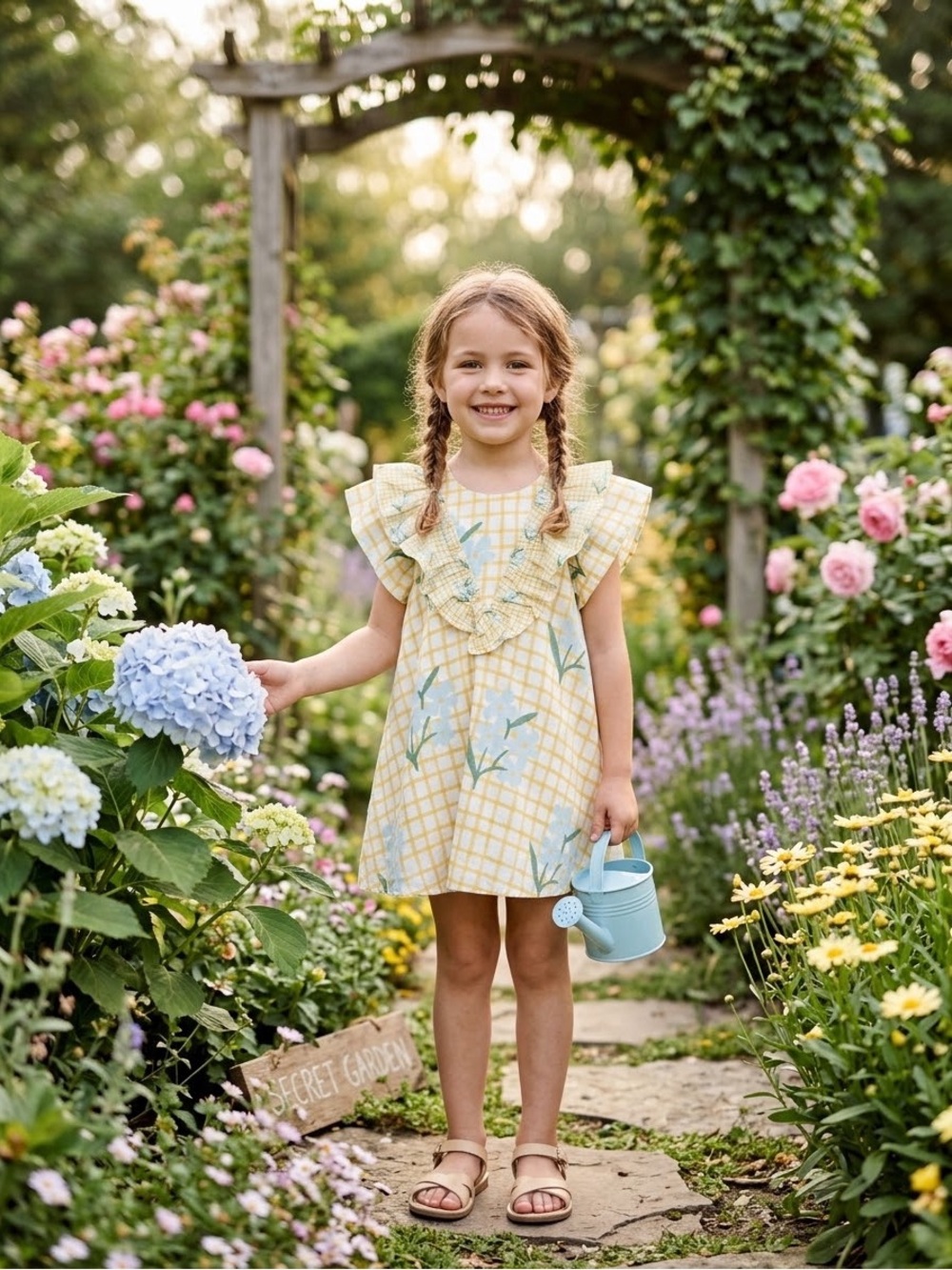 Fabula Farm Rio Girls Yellow Floral Ruffle Dress Metallic Shimmer Size 2